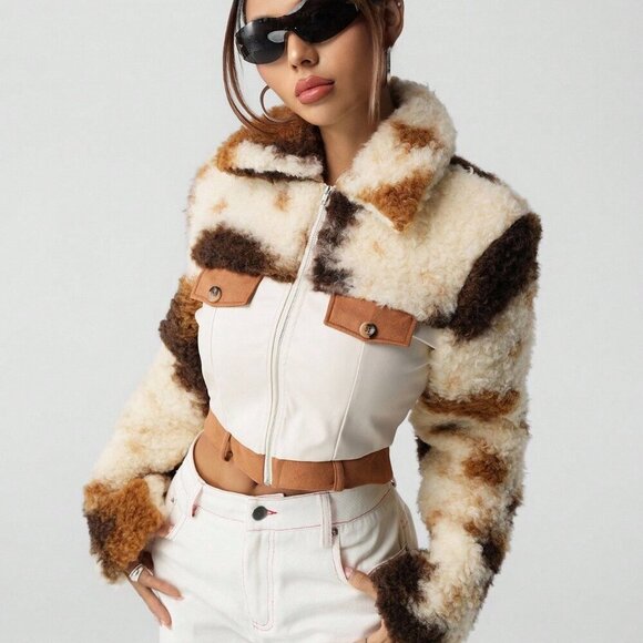 western Casual Women's faux Leather & faux Fur Patchwork Cropped Jacket, - Picture 6 of 8